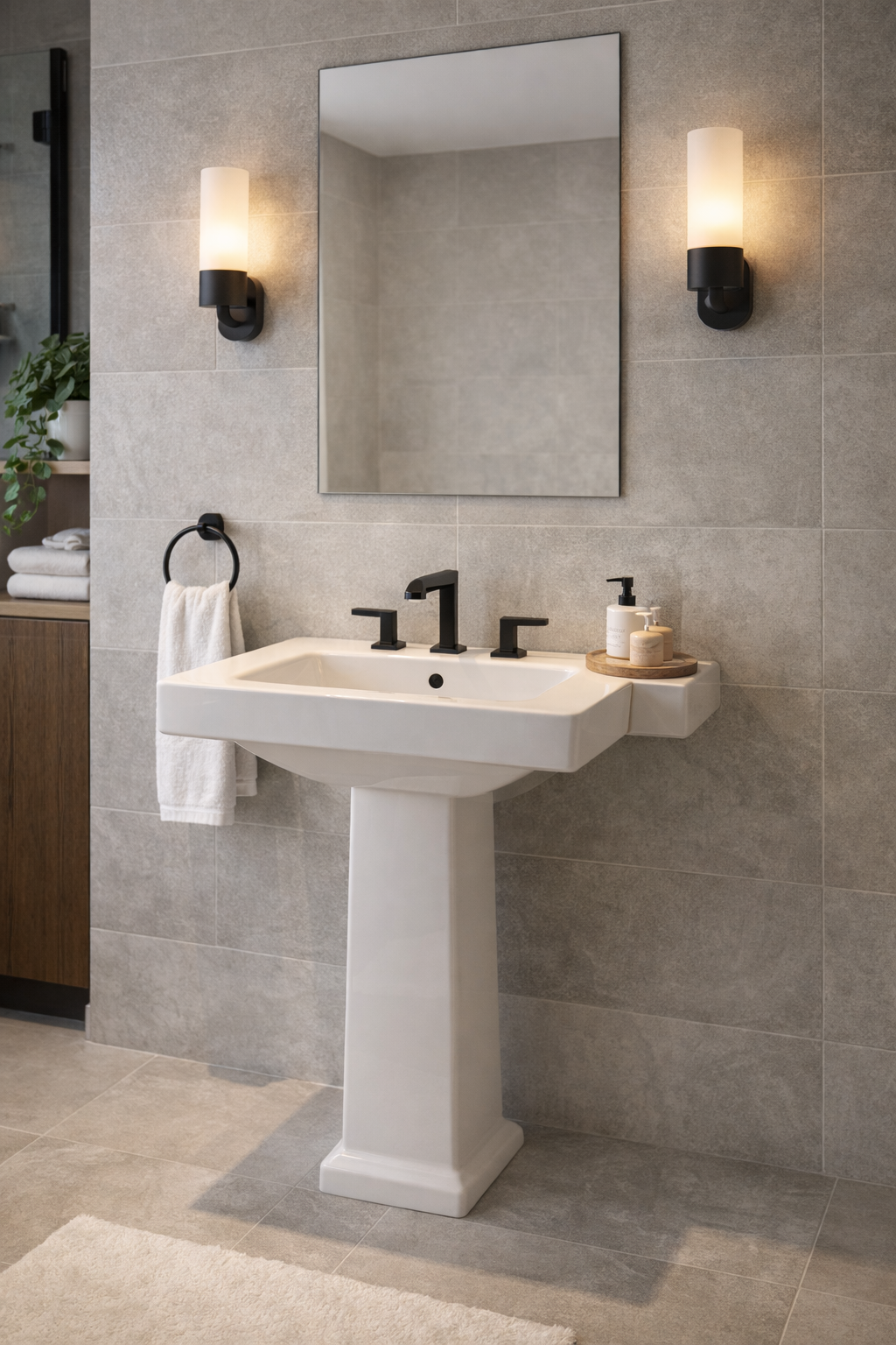 Minimalist pedestal sink with black fixtures against gray tile bathroom wall