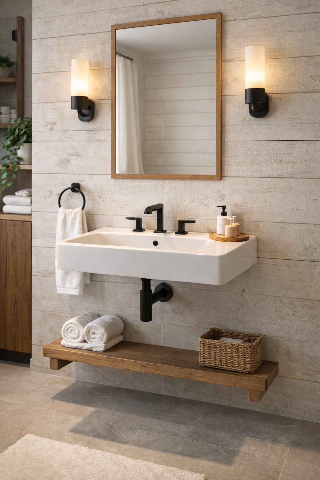 Modern pedestal sink with black fixtures and wood shelf in a farmhouse-style bathroom