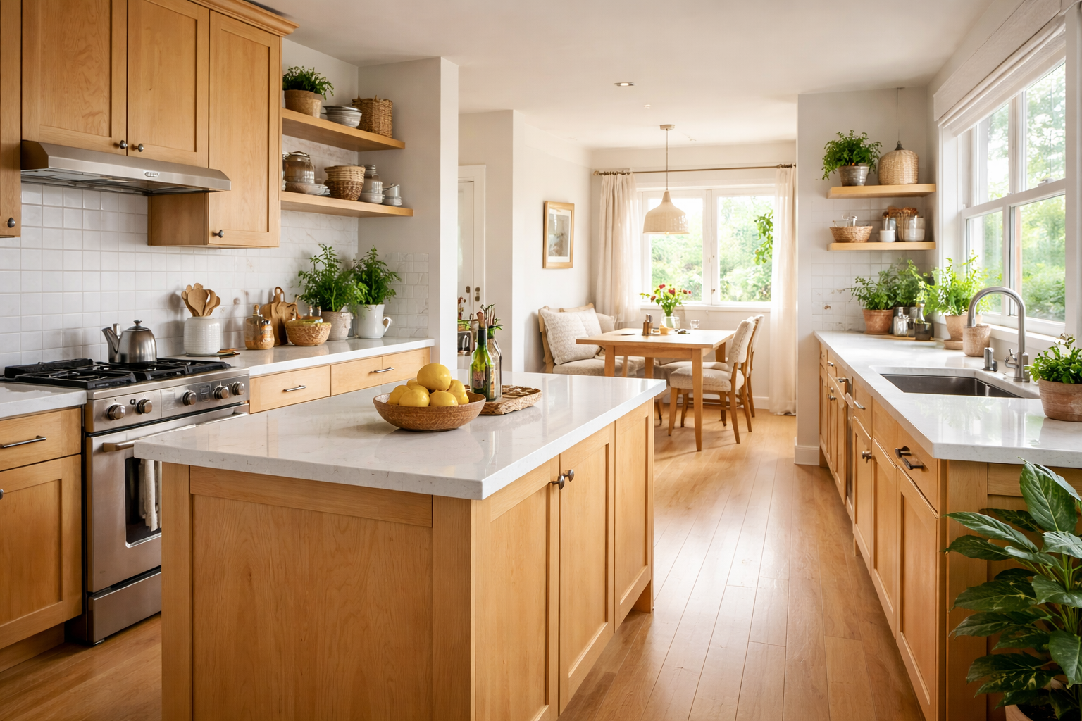 Modern kitchen with light oak cabinets and flooring, white countertops, stainless steel appliances, and natural light streaming in. Open shelving and green plants give the room a fresh, modern-organic look.