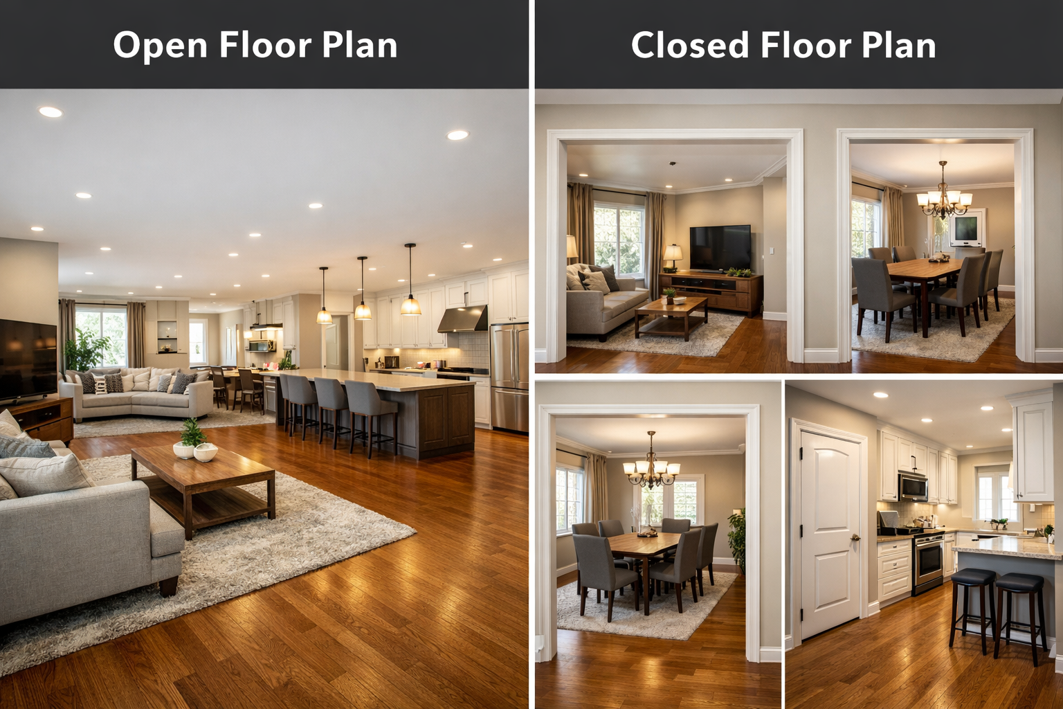 Open vs closed floor plan showing a spacious open-concept kitchen and living area compared to separate enclosed rooms.