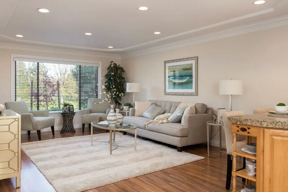 Living room with warm neutral paint walls, large window, and natural light showing true paint color