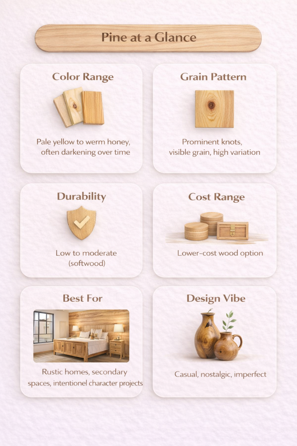 Pine wood infographic showing color range, grain pattern, durability, and cost overview