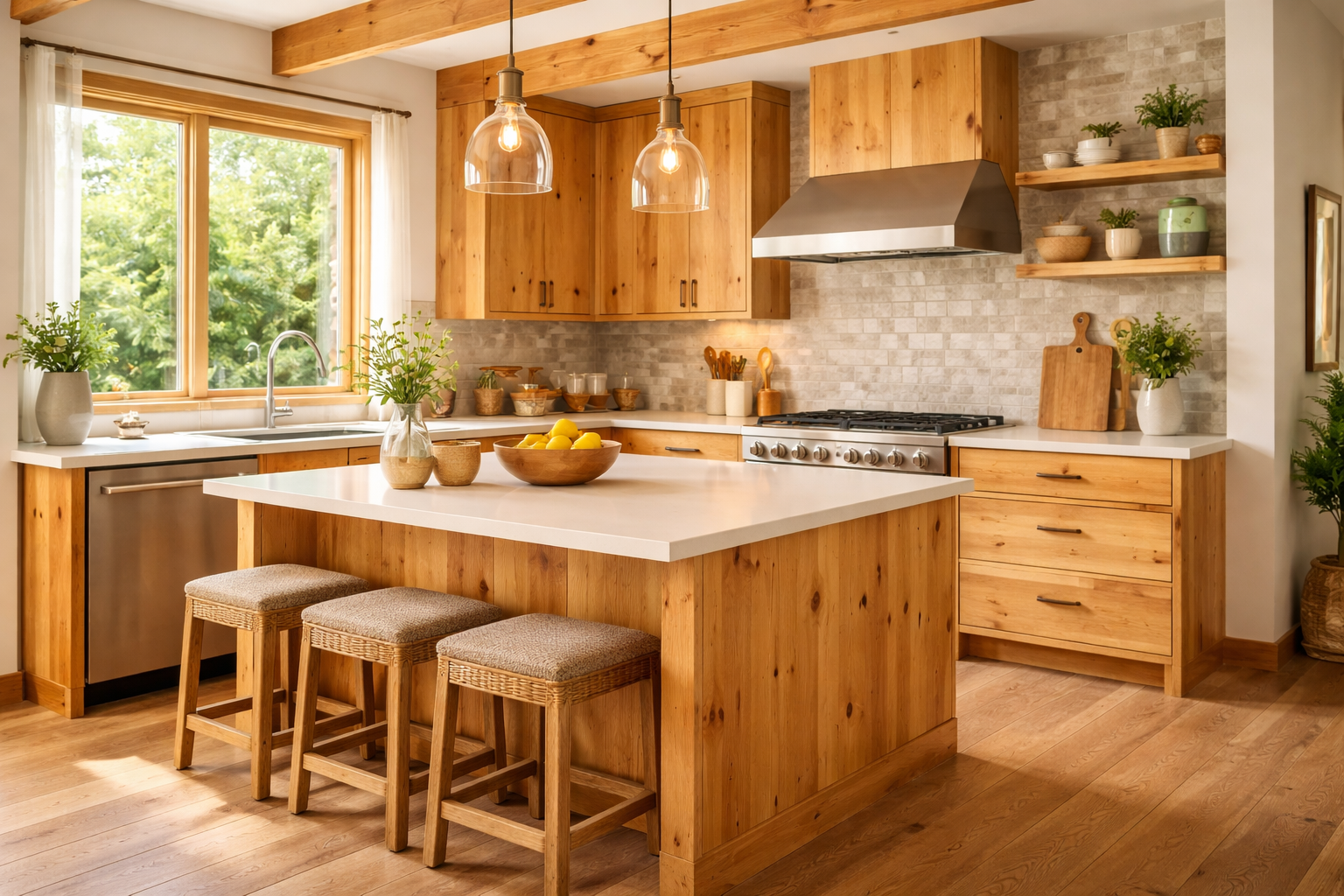 “Rustic kitchen with pine wood cabinets, visible knots, warm honey tones, and a large island with seating.”
