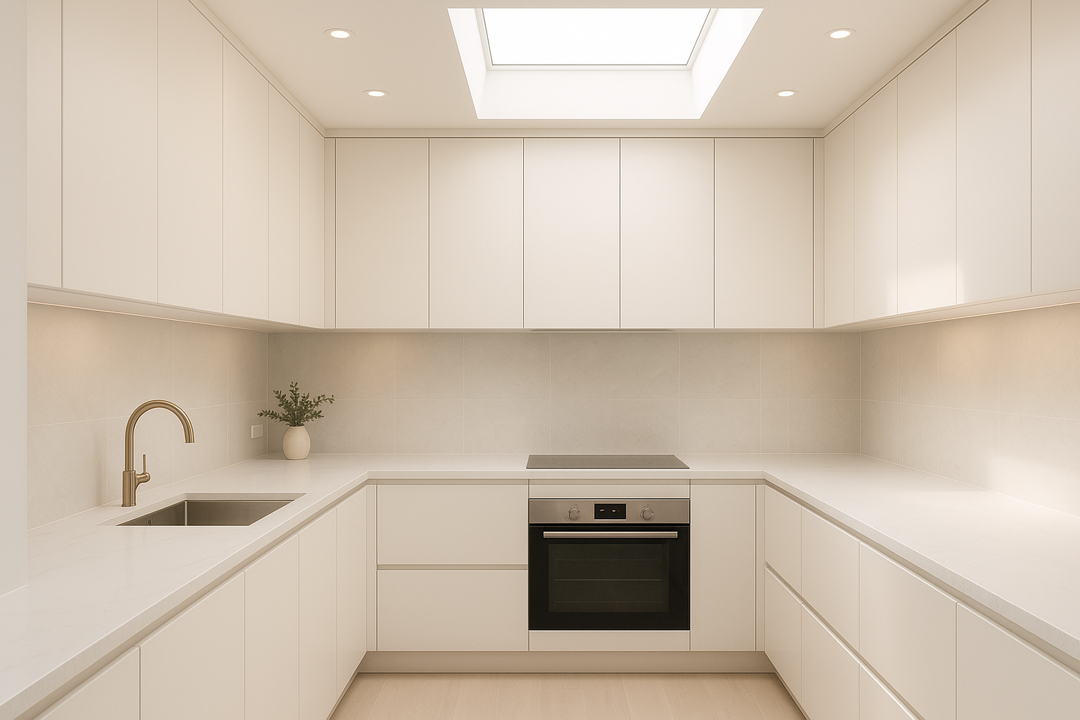 Minimal U-shaped kitchen with white cabinetry and seamless porcelain countertops under skylight