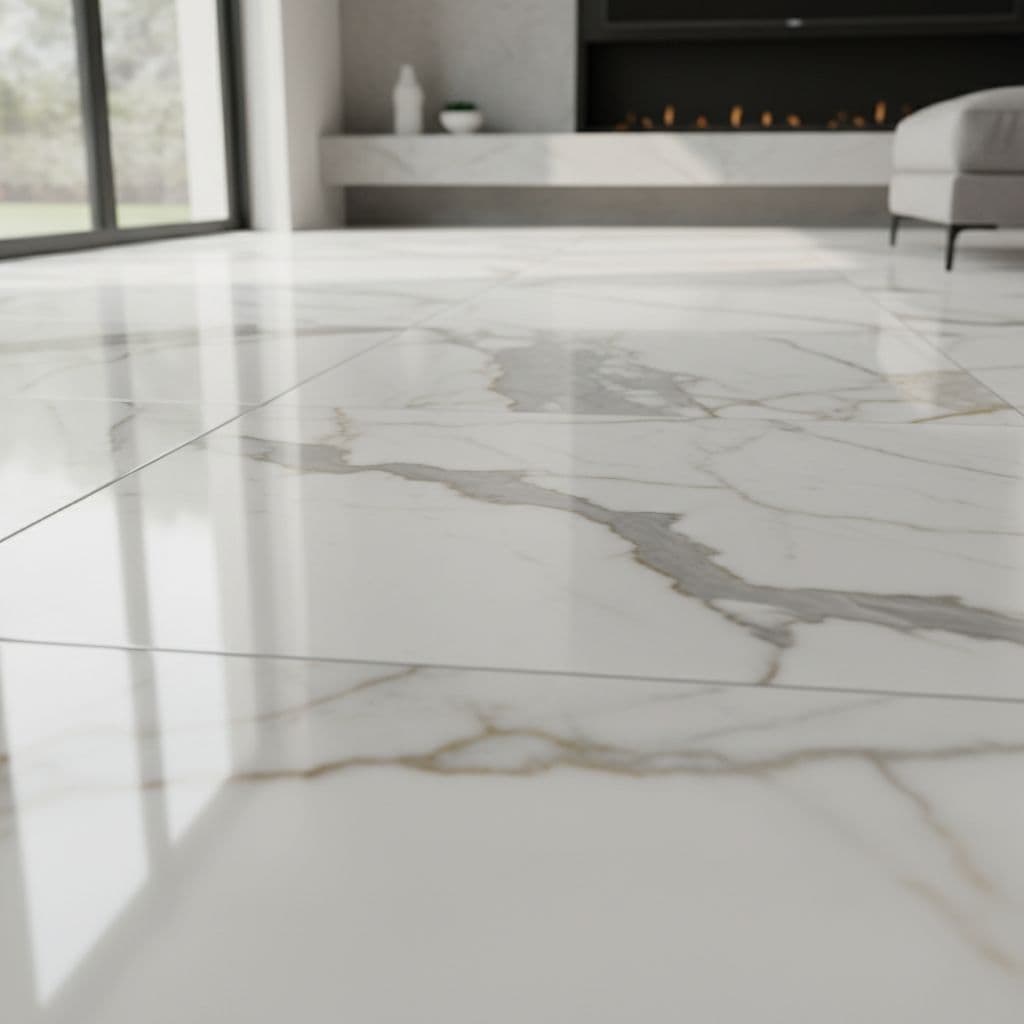 Porcelain tile flooring in modern living room ideal for high traffic areas with glossy finish.