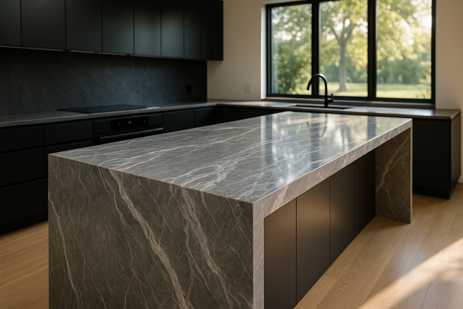 Modern kitchen with matte black cabinets and waterfall quartzite island countertop