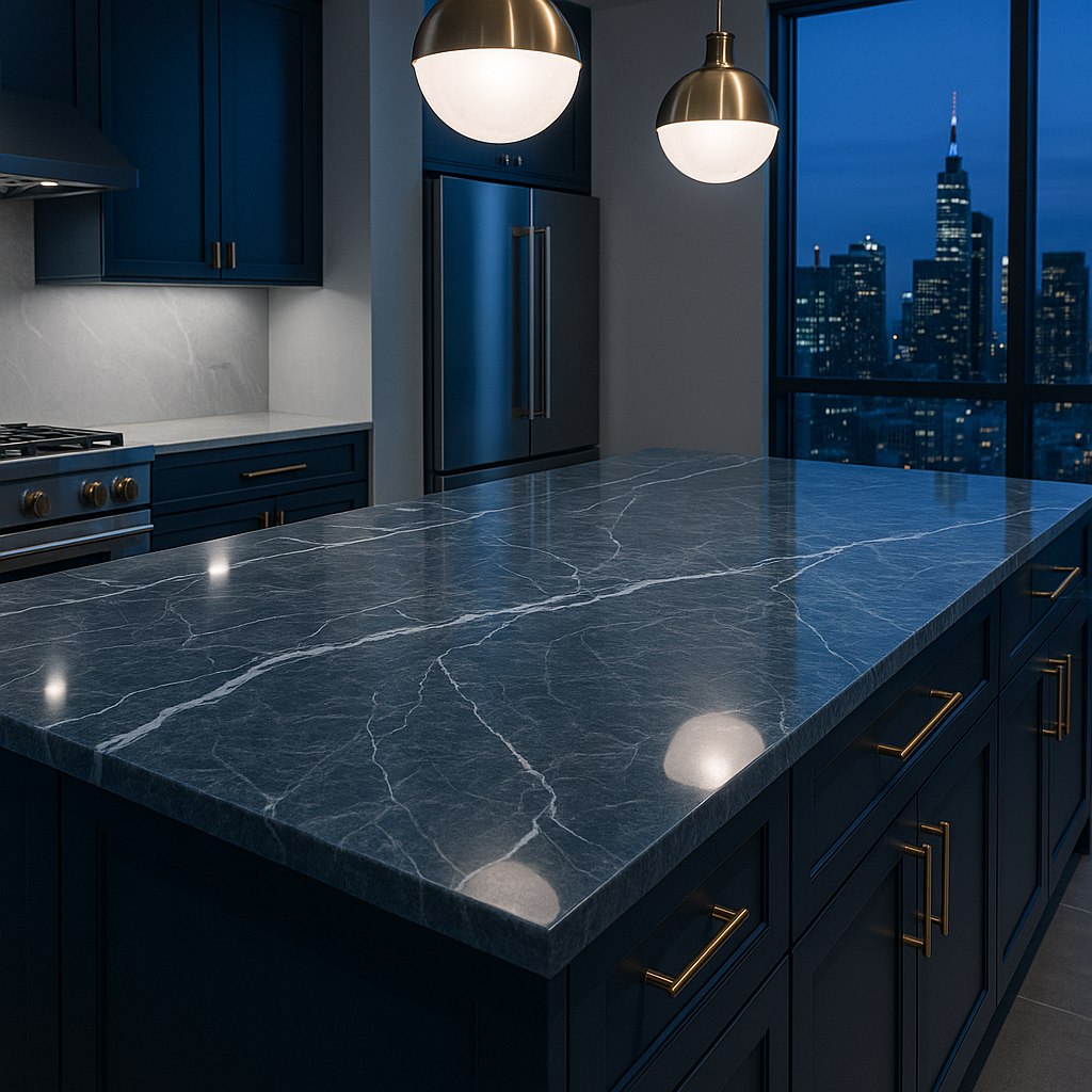 Modern dark kitchen with blue cabinets and quartzite countertop with bold veining