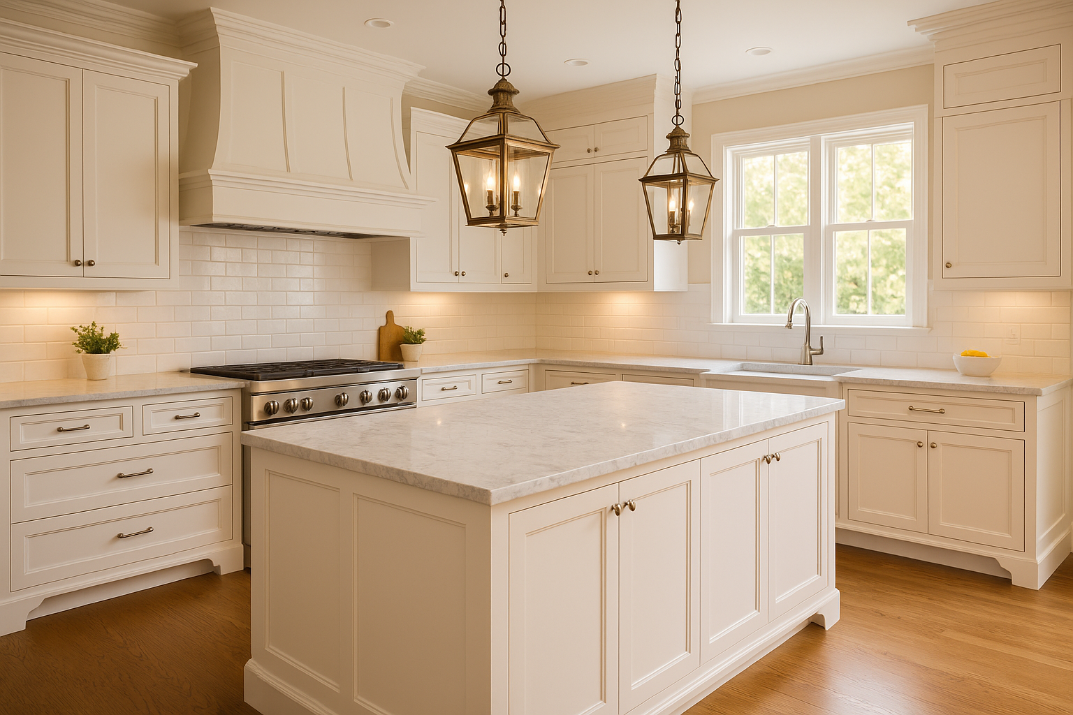 “Classic white shaker kitchen with light quartzite countertops, large island, brass lantern pendants, and white subway tile backsplash.”