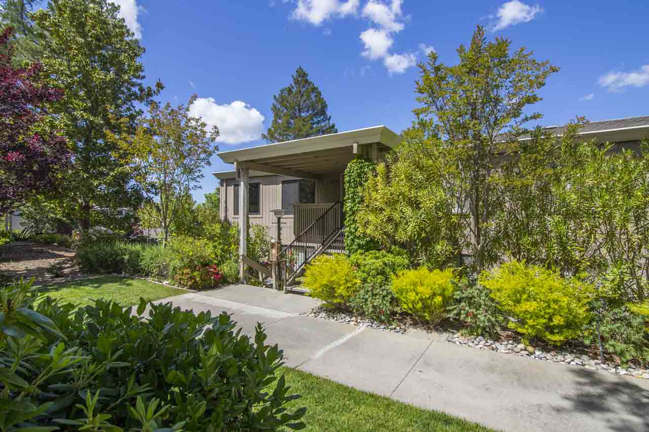 Rossmoor condo exterior with landscaped walkway, stairs to covered entry, and mature greenery in Walnut Creek