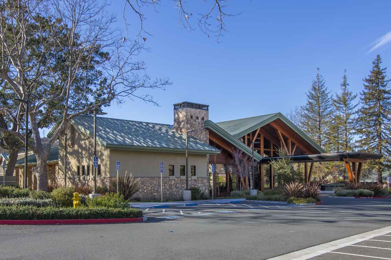 Rossmoor lodge style building with stone and wood architecture in Walnut Creek