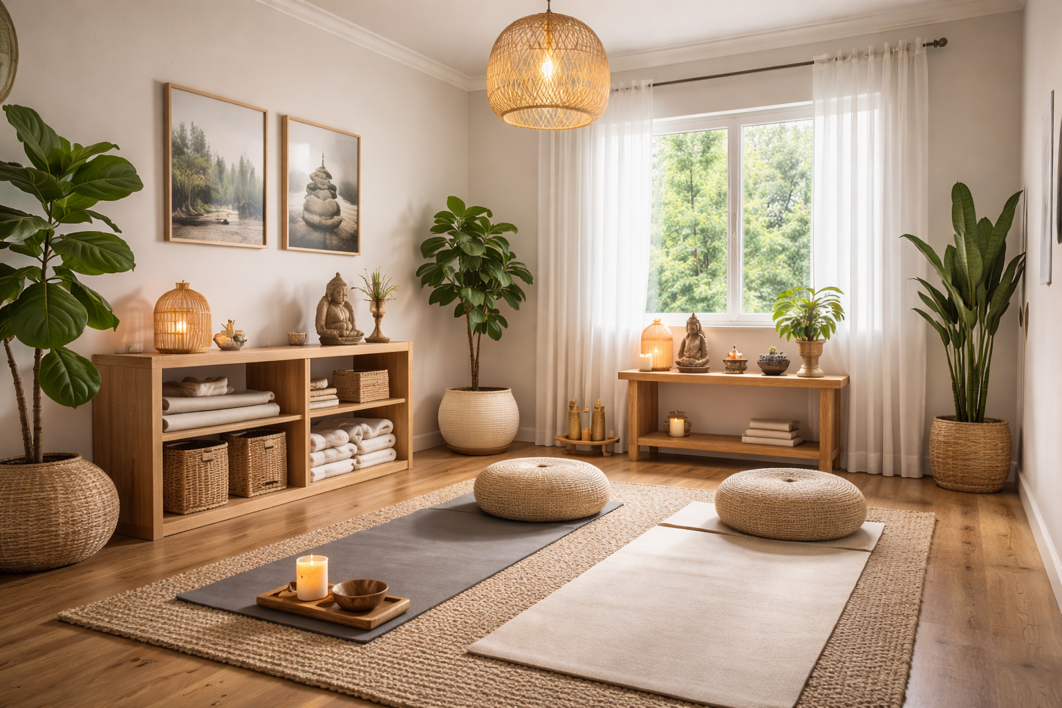 A calm yoga and meditation room with neutral tones, woven decor, plants, floor mats, and soft natural light from a window.