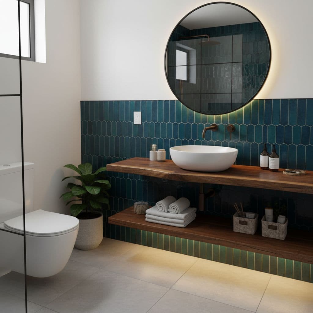 Small bathroom with floating wood vanity and vessel sink, teal vertical tile backsplash, and round mirror with LED backlight — stylish East Bay remodel.