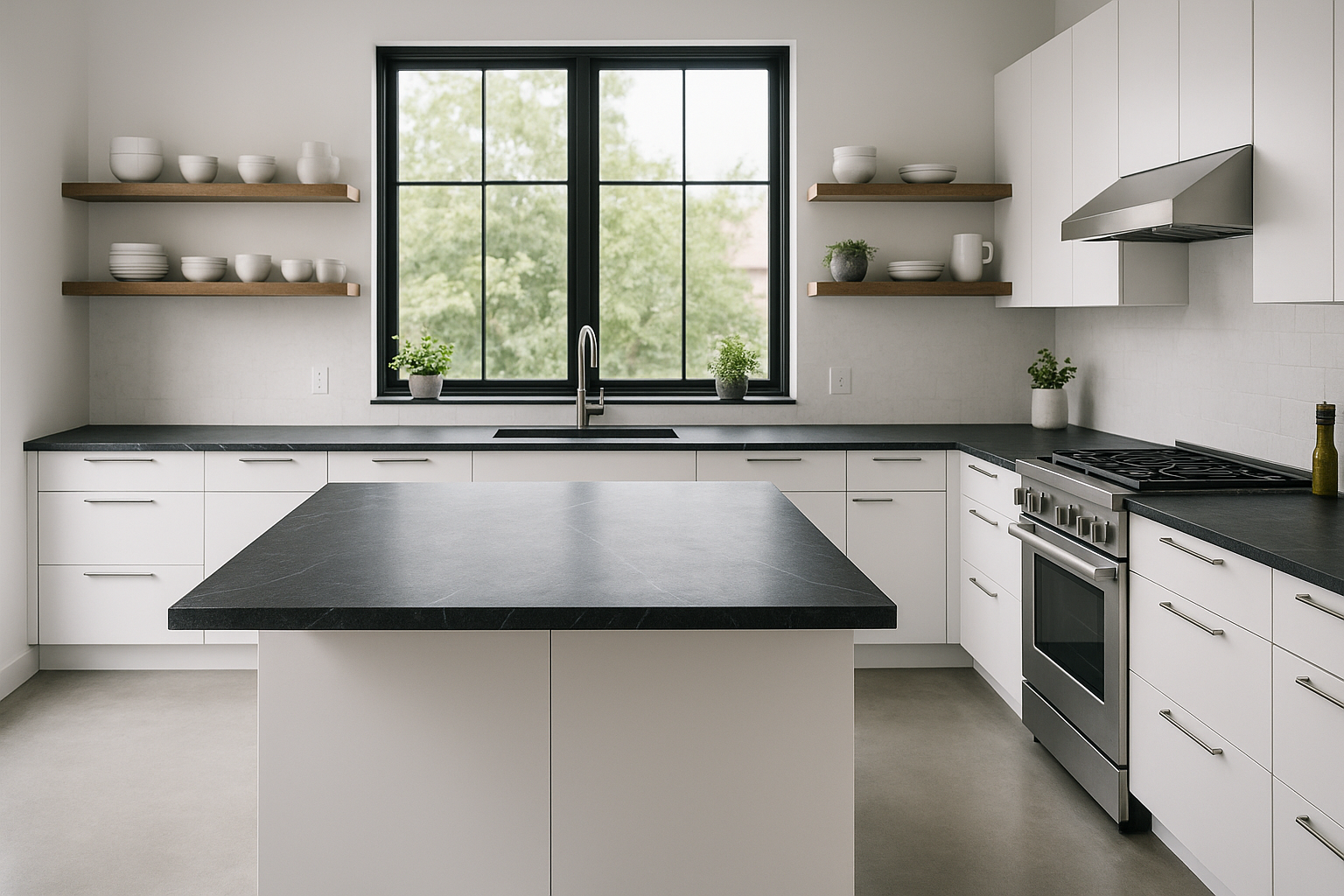 Light modern kitchen with white cabinets and black soapstone island countertop in Walnut Creek