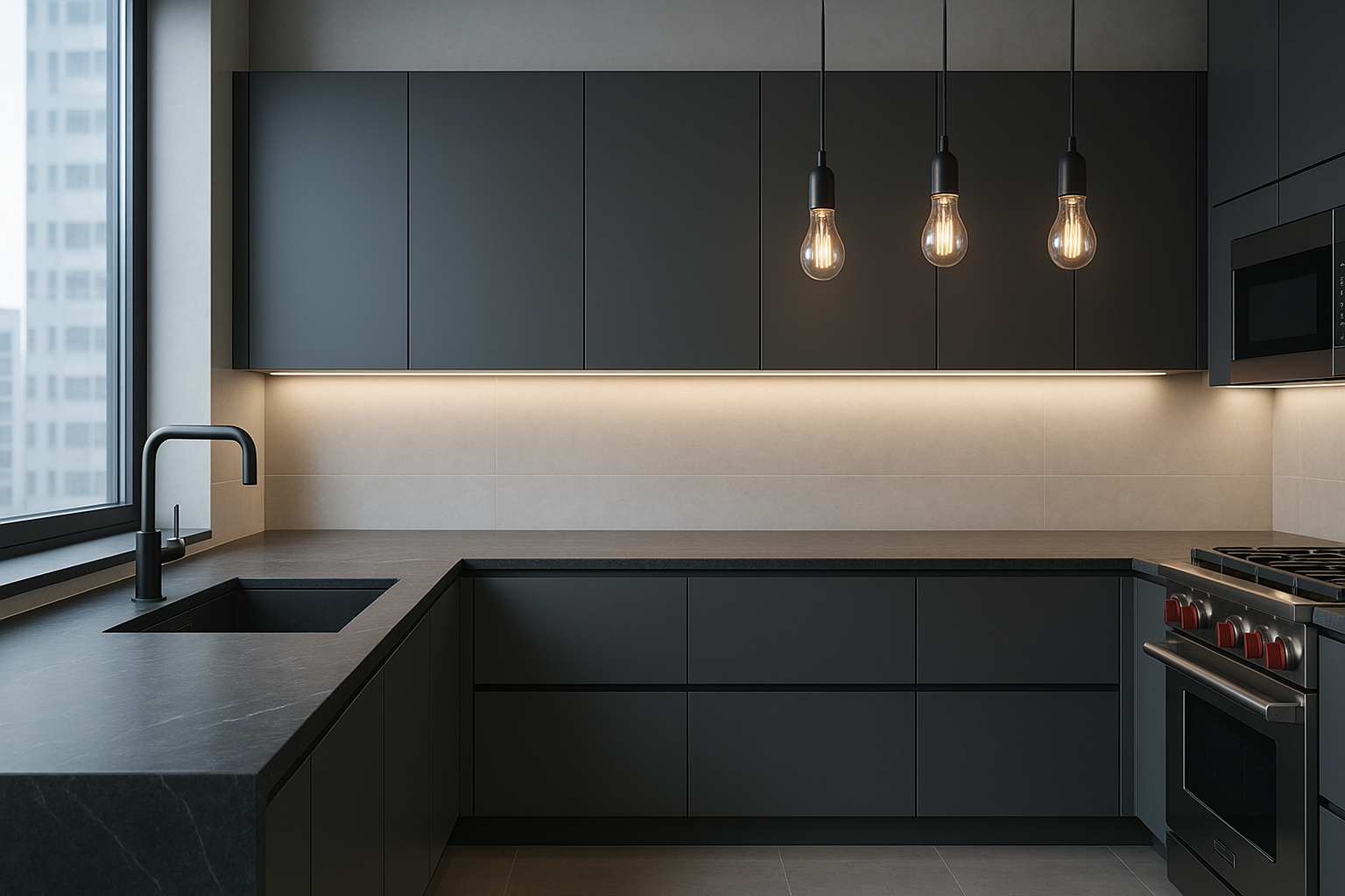 Modern dark kitchen with matte black cabinets and soapstone countertops with subtle veining