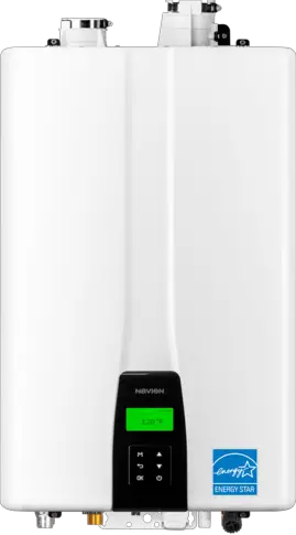 Navien NPE-240A2 white wall-mounted tankless water heater with a front digital control panel.