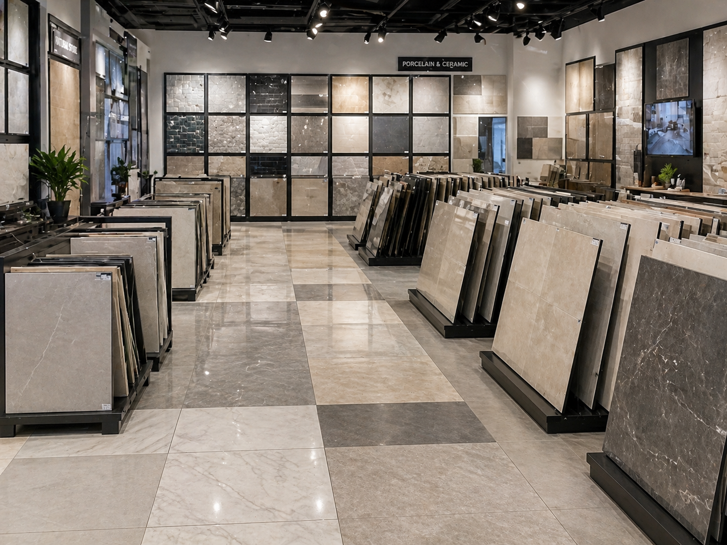 Modern tile showroom with porcelain and ceramic flooring samples in neutral tones displayed on racks and wall panels