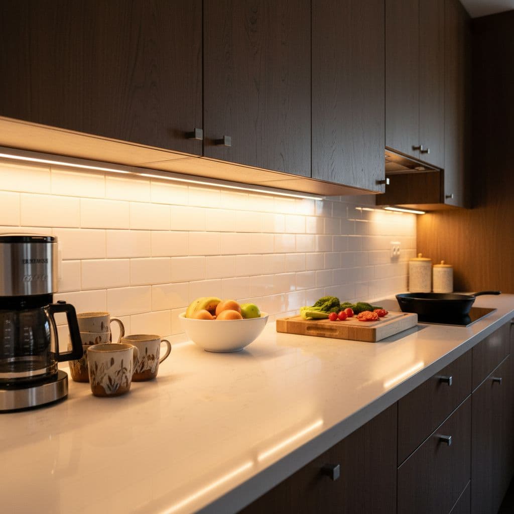 Under cabinet lighting in kitchen illuminating countertop for cooking and food prep.