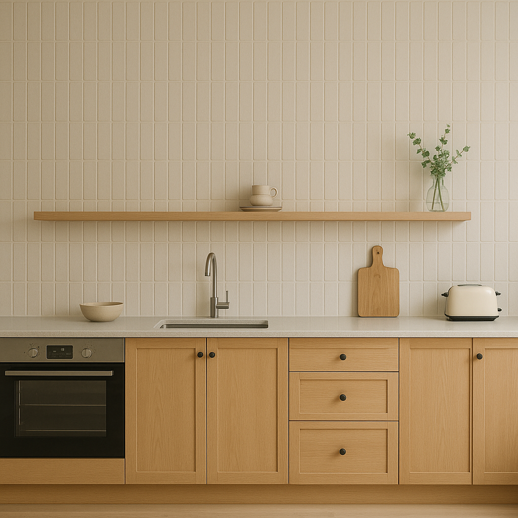 Modern minimalist kitchen with vertical cream tile backsplash, light oak cabinets, floating wood shelf, white countertop, and neutral decor.