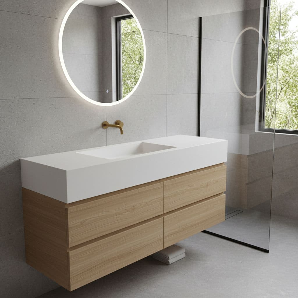 Floating vanity with integrated sink and large-format tile in modern bathroom