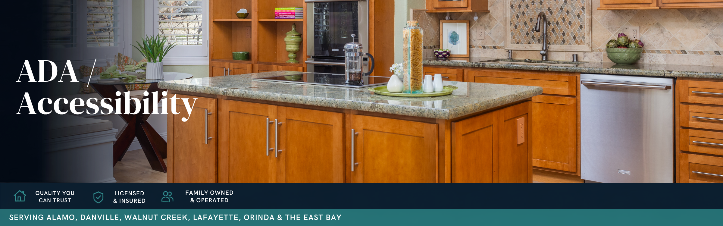 Accessible kitchen remodel featuring wide walkways, spacious island, custom wood cabinetry, granite countertops, and universal design for aging in place.