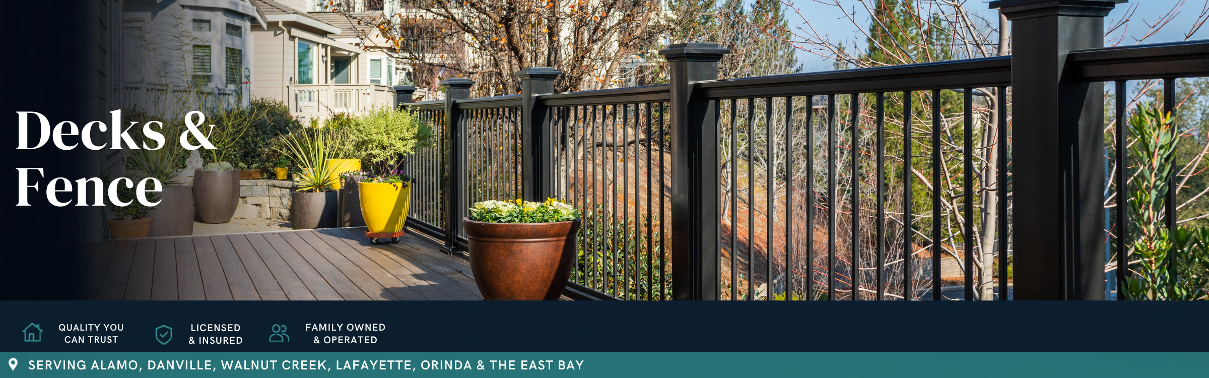 Composite backyard deck with black aluminum railing, decorative planters, and custom outdoor living space built by Toupin Construction in Walnut Creek, CA.