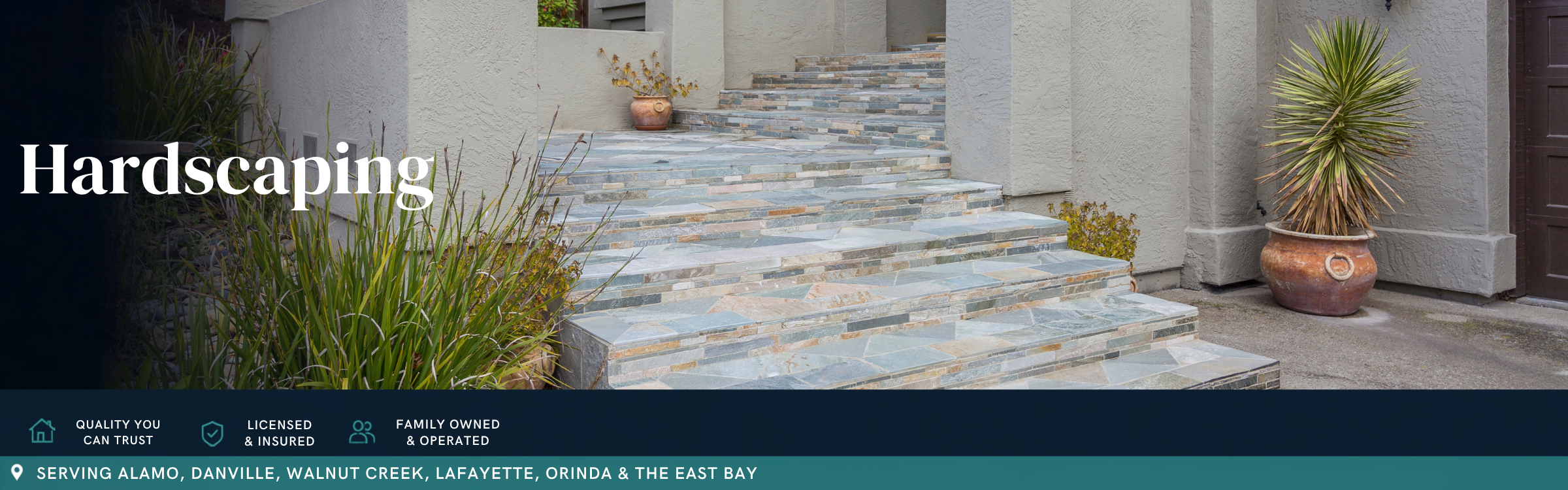 Custom slate stone staircase and hardscaping with decorative entry steps and landscaping for a Walnut Creek home remodeled by Toupin Construction.