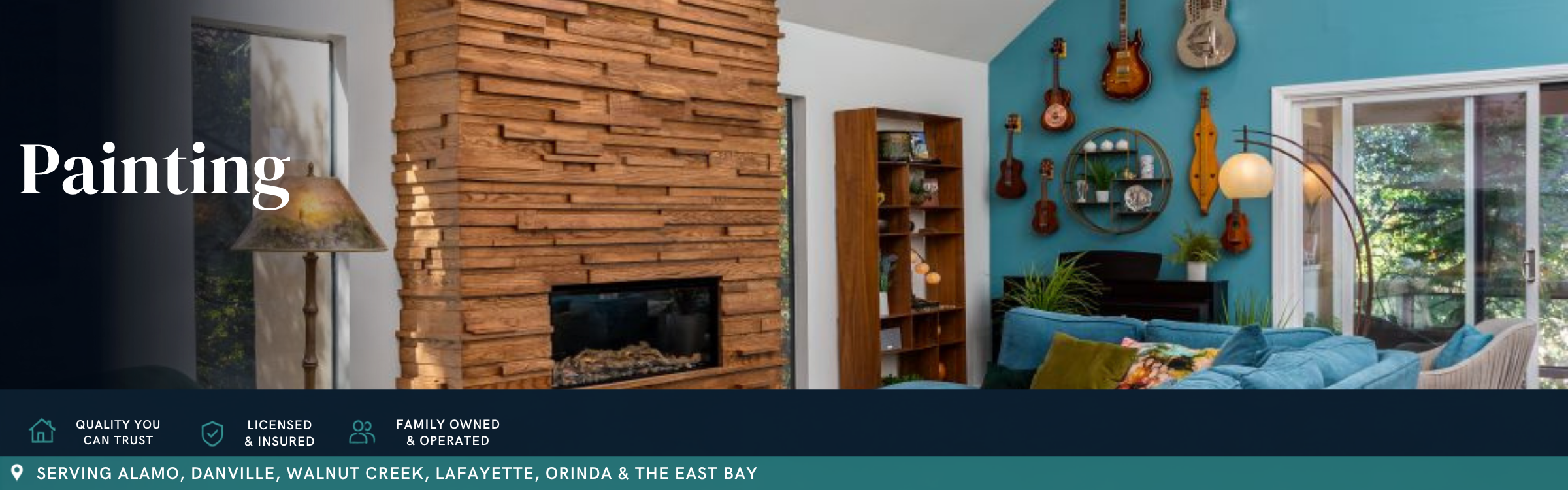 Modern living room featuring a bold blue accent wall, natural wood fireplace surround, and professionally painted interior finishes by Toupin Construction in Walnut Creek, California.