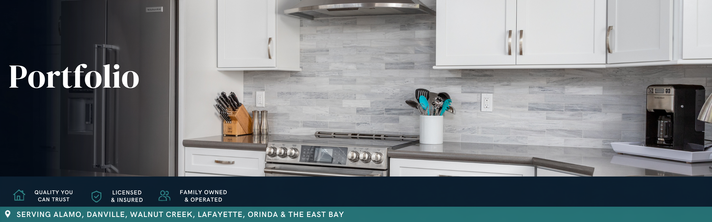 Modern white kitchen remodel with gray tile backsplash, quartz countertops, stainless steel appliances, and custom cabinetry by Toupin Construction in Walnut Creek, CA.
