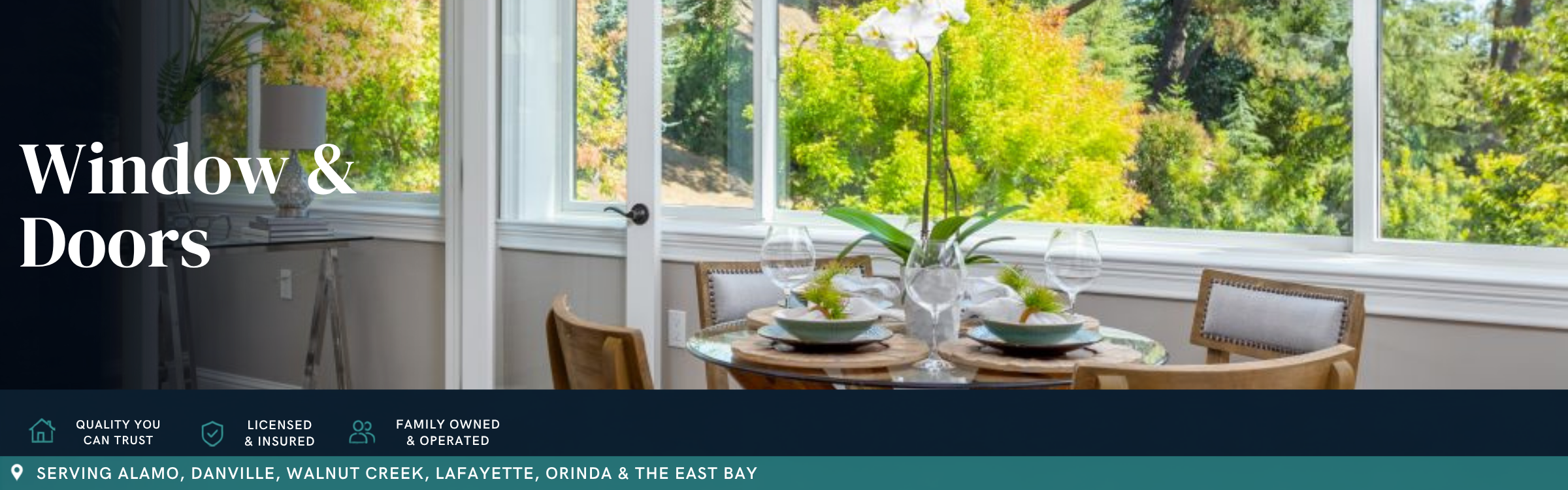 Bright dining room featuring large energy-efficient picture windows overlooking a landscaped backyard, professionally installed by Toupin Construction in Walnut Creek, California.