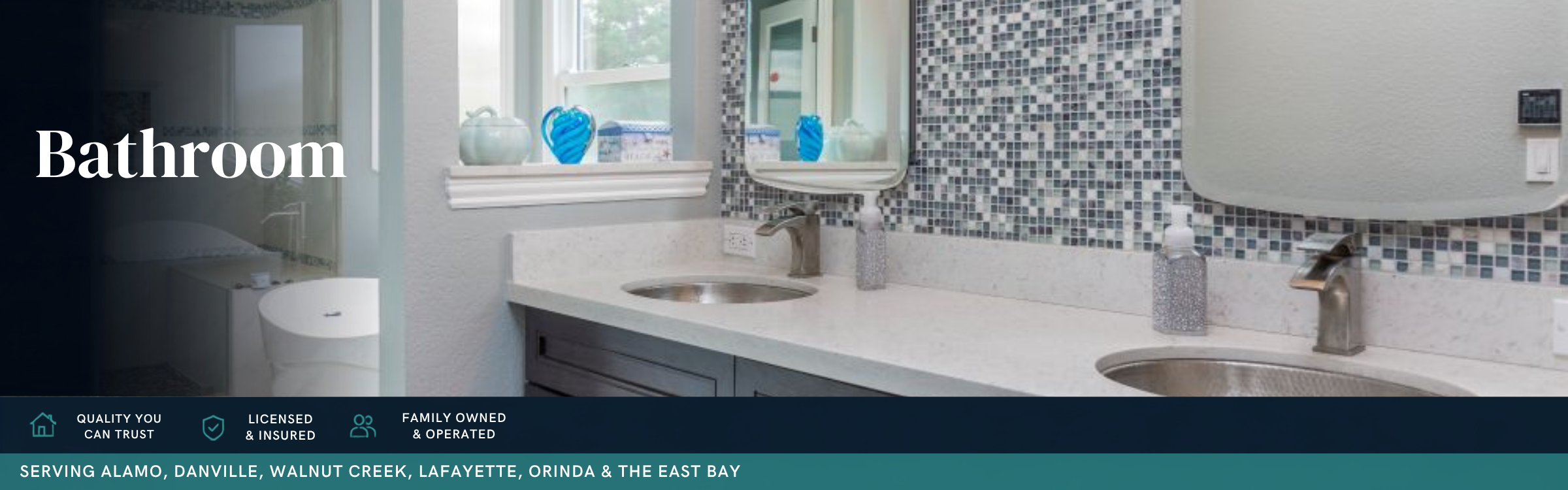 Custom bathroom remodel featuring a double vanity, quartz countertop, mosaic tile backsplash, brushed nickel faucets, and modern finishes by Toupin Construction in Walnut Creek, California.