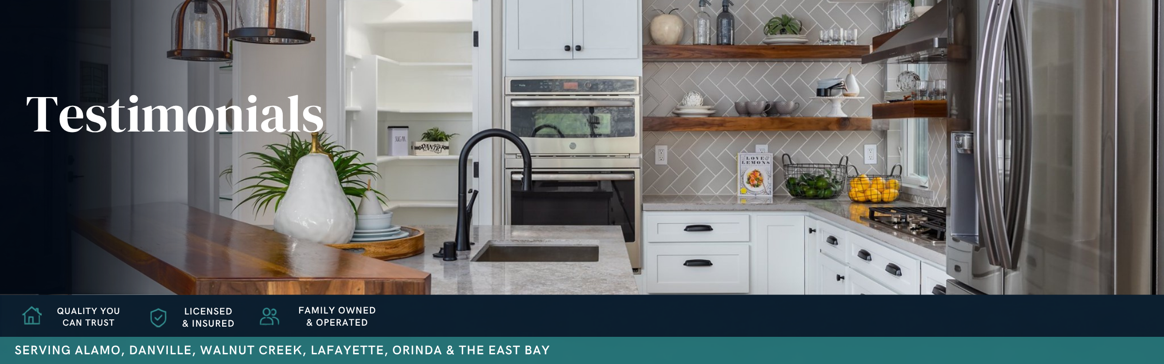 Modern kitchen featuring white shaker cabinets, floating walnut shelves, herringbone tile backsplash, stainless steel range hood, and quartz countertops by Toupin Construction.