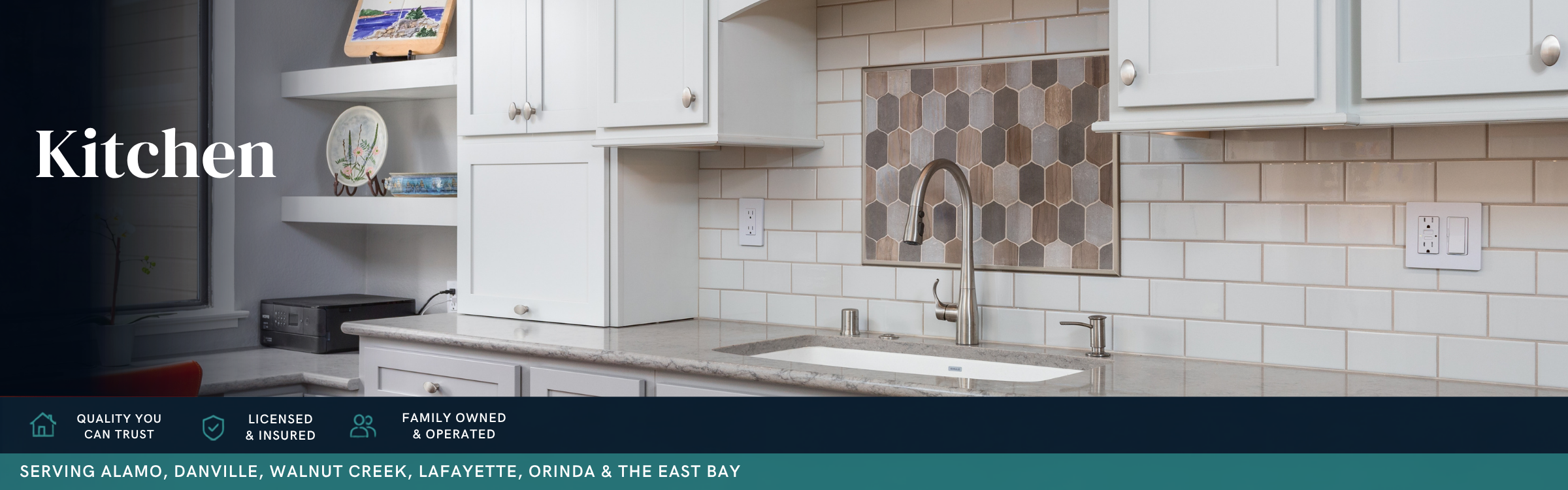 Custom kitchen remodel featuring white shaker cabinets, quartz countertops, farmhouse sink, subway tile backsplash, and decorative accent tile by Toupin Construction in Walnut Creek, California.