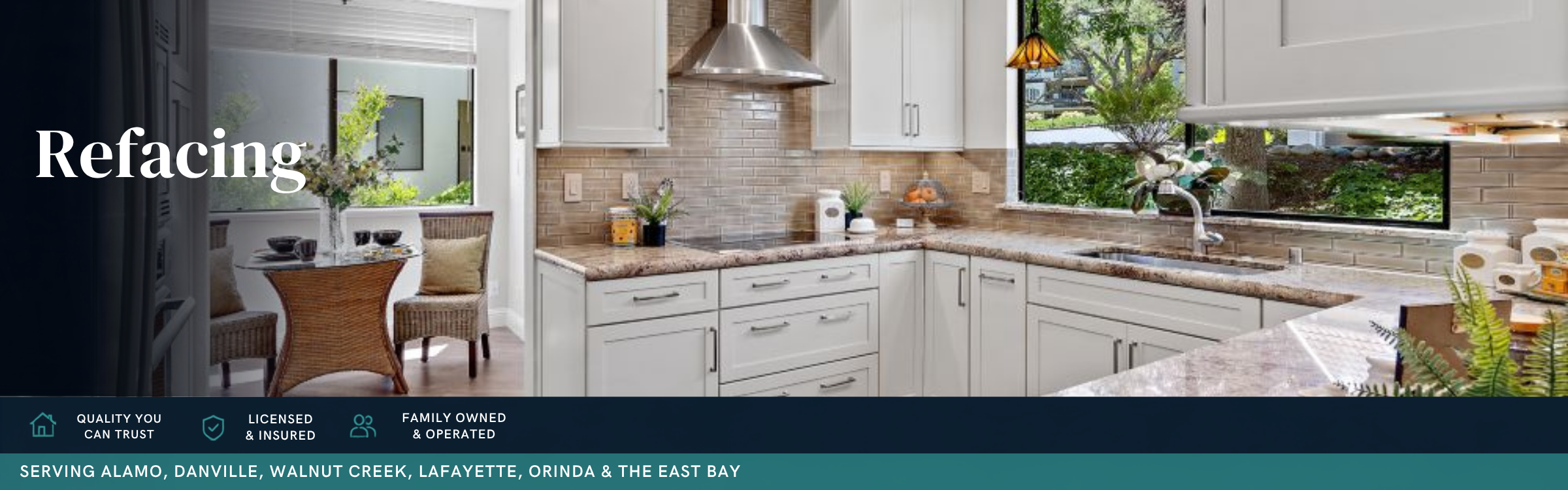 Kitchen cabinet refacing featuring white shaker cabinet doors, granite countertops, subway tile backsplash, and stainless steel range hood in a remodeled Walnut Creek home.