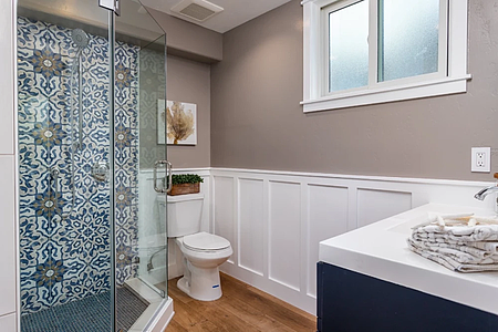 White kitchen and patterned tile bathroom remodel in Rossmoor
